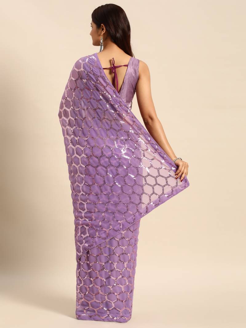 Honeycomb Sequins Work Georgette Fabric Bollywood Style Saree