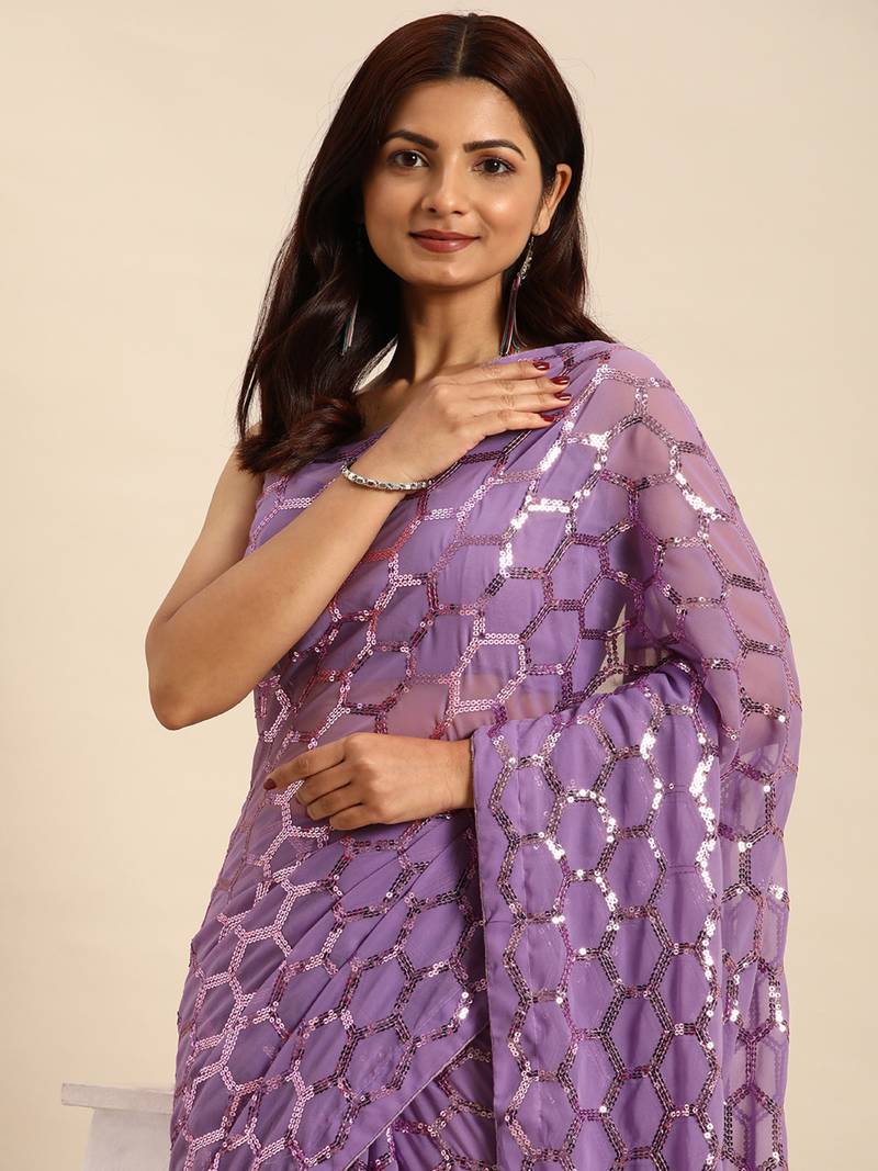 Honeycomb Sequins Work Georgette Fabric Bollywood Style Saree