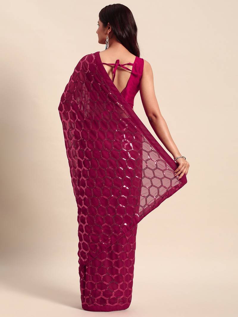 Honeycomb Sequins Work Georgette Fabric Bollywood Style Saree