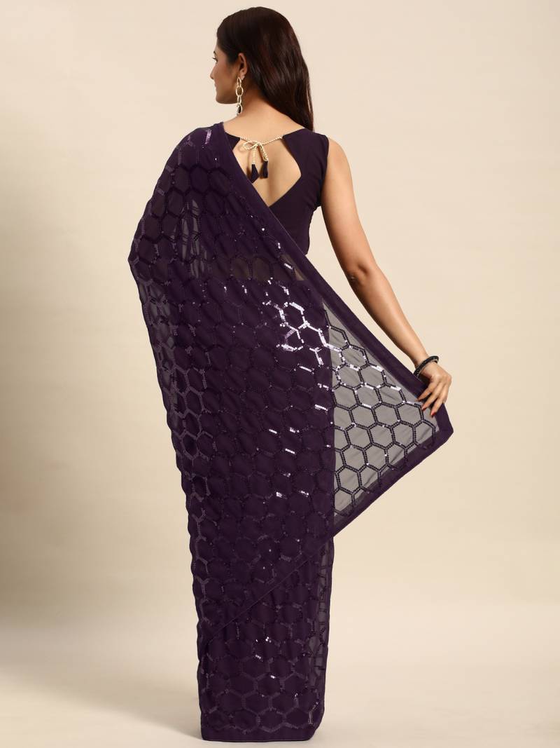 Honeycomb Sequins Work Georgette Fabric Bollywood Style Saree