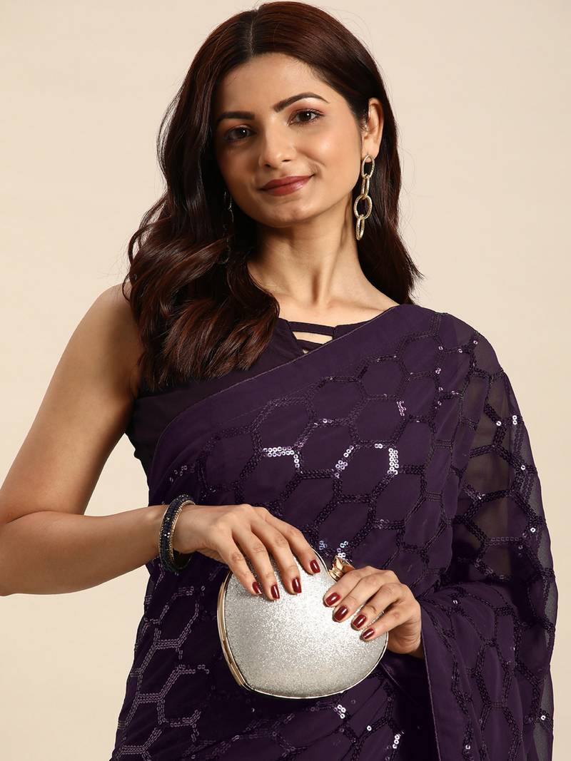 Honeycomb Sequins Work Georgette Fabric Bollywood Style Saree