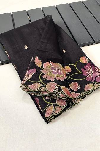 Black Tussar Silk Saree With All Over Contrast Embroidery Work And Motifs With Cutwork Border