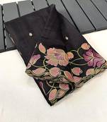 Black Tussar Silk Saree With All Over Contrast Embroidery Work And Motifs With Cutwork Border