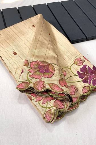 Cream Tussar Silk Saree With All Over Contrast Embroidery Work And Motifs With Cutwork Border