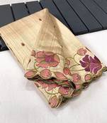 Cream Tussar Silk Saree With All Over Contrast Embroidery Work And Motifs With Cutwork Border