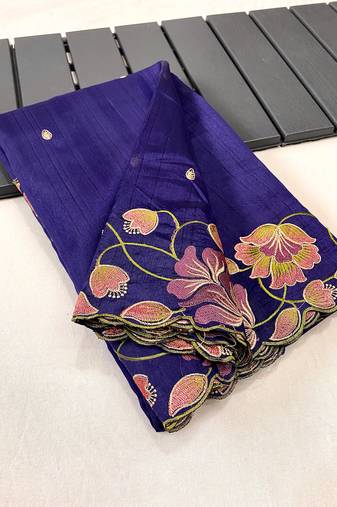 Navy Blue Tussar Silk Saree With All Over Contrast Embroidery Work And Motifs With Cutwork Border