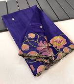 Navy Blue Tussar Silk Saree With All Over Contrast Embroidery Work And Motifs With Cutwork Border