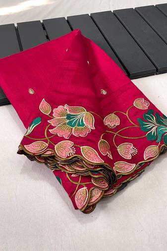 Pink Tussar Silk Saree With All Over Contrast Embroidery Work And Motifs With Cutwork Border
