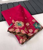 Pink Tussar Silk Saree With All Over Contrast Embroidery Work And Motifs With Cutwork Border