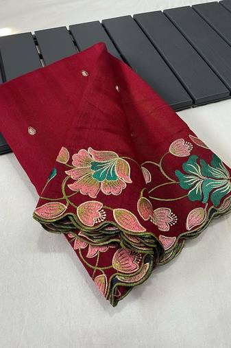 Red Tussar Silk Saree With All Over Contrast Embroidery Work And Motifs With Cutwork Border