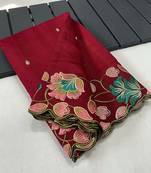 Red Tussar Silk Saree With All Over Contrast Embroidery Work And Motifs With Cutwork Border