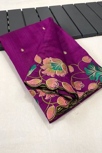 Wine Tussar Silk Saree With All Over Contrast Embroidery Work And Motifs With Cutwork Border