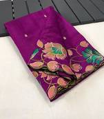 Wine Tussar Silk Saree With All Over Contrast Embroidery Work And Motifs With Cutwork Border