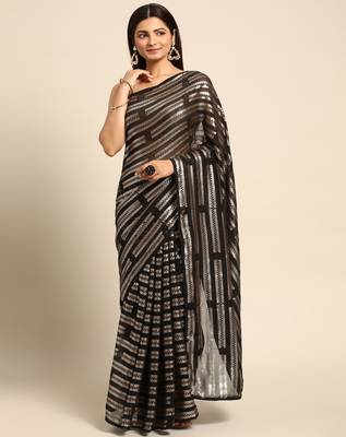 Striped Sequins Work Georgette Bollywood Style Saree 1