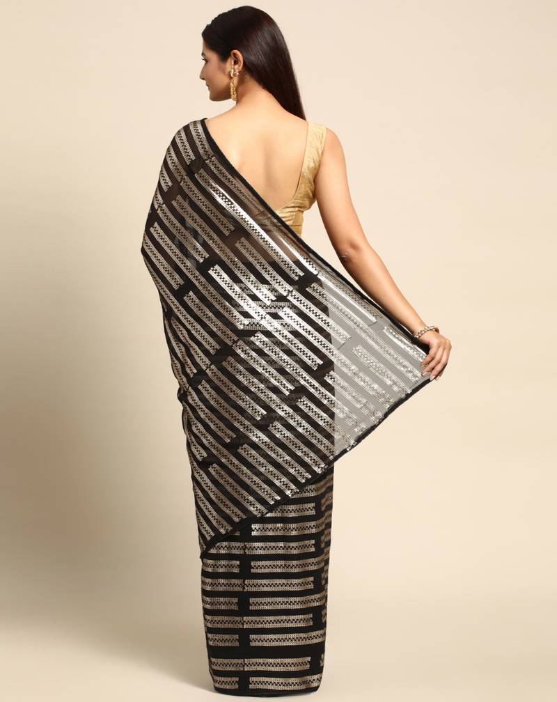 Striped Sequins Work Georgette Fabric Bollywood Style Saree