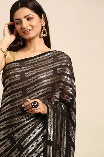 Striped Sequins Work Georgette Bollywood Style Saree