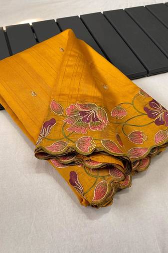 Yellow Tussar Silk Saree With All Over Contrast Embroidery Work And Motifs With Cutwork Border