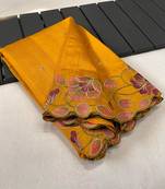 Yellow Tussar Silk Saree With All Over Contrast Embroidery Work And Motifs With Cutwork Border