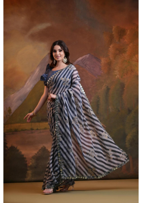 Striped Sequins Work Georgette Bollywood Style Saree 1