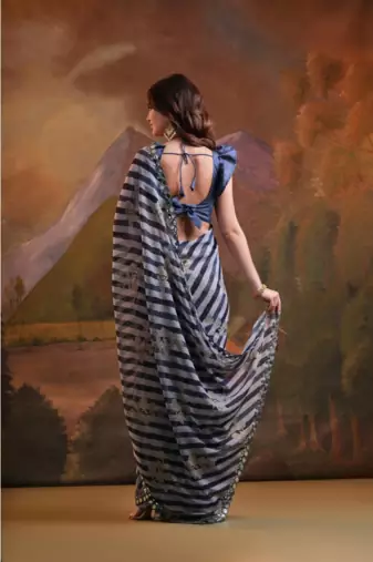 Striped Sequins Work Georgette Bollywood Style Saree