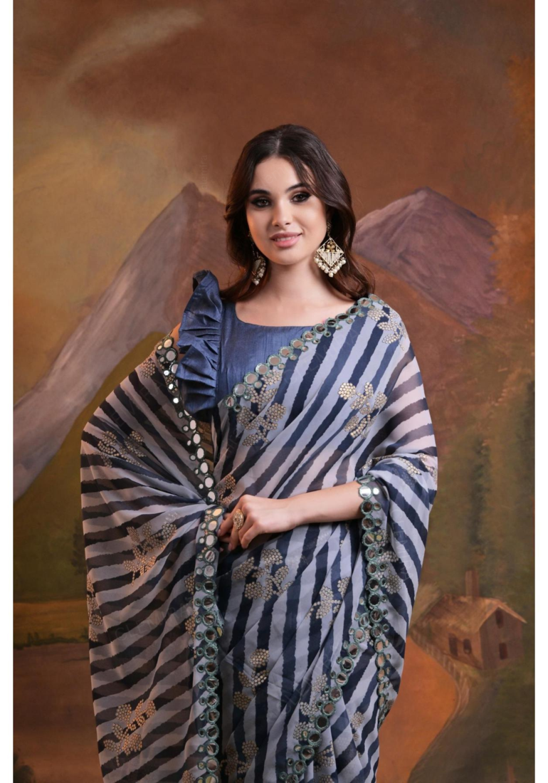 Striped Sequins Work Georgette Fabric Bollywood Style Saree
