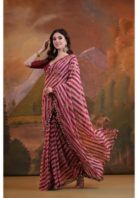 Striped Sequins Work Georgette Bollywood Style Saree 1