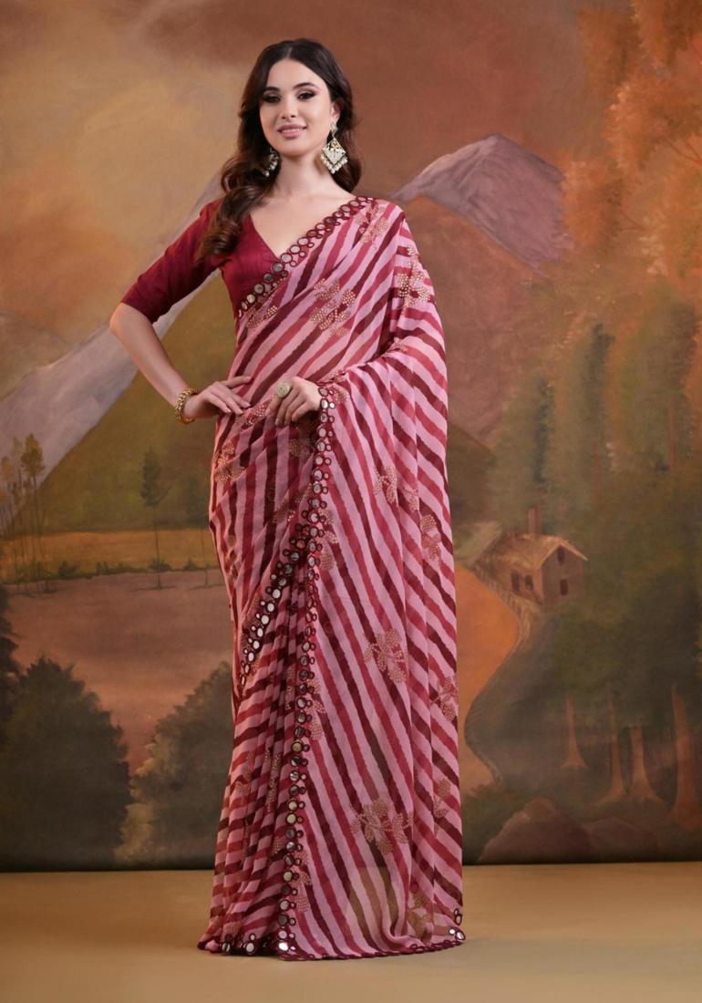 Striped Sequins Work Georgette Fabric Bollywood Style Saree