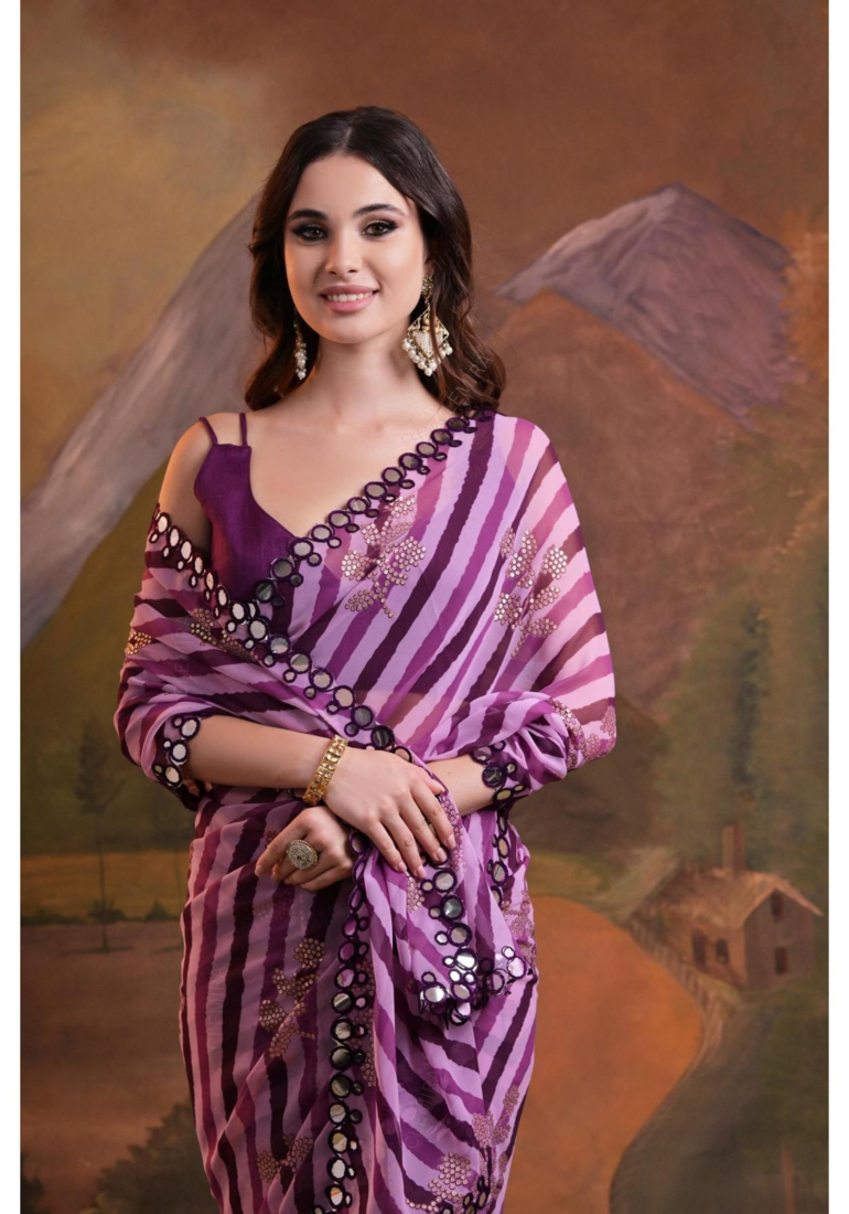 Striped Sequins Work Georgette Fabric Bollywood Style Saree