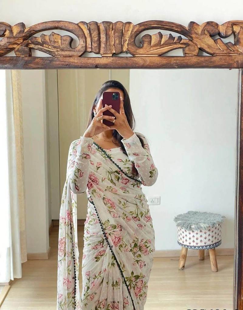 Off White Striped Sequins Work Georgette Fabric Bollywood Style Saree