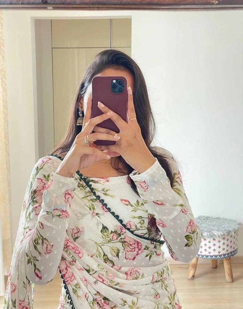 Off White Striped Sequins Work Georgette Fabric Bollywood Style Saree