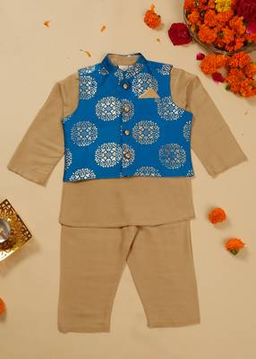 Saka designs boys' beige kurta pajama with blue printed jacket ensemble 1