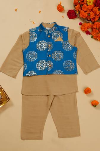 Saka designs boys' beige kurta pajama with blue printed jacket ensemble