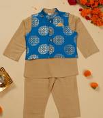 Saka designs boys' beige kurta pajama with blue printed jacket ensemble
