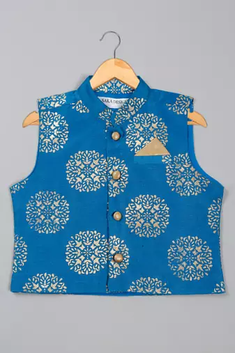 Saka designs boys' beige kurta pajama with blue printed jacket ensemble