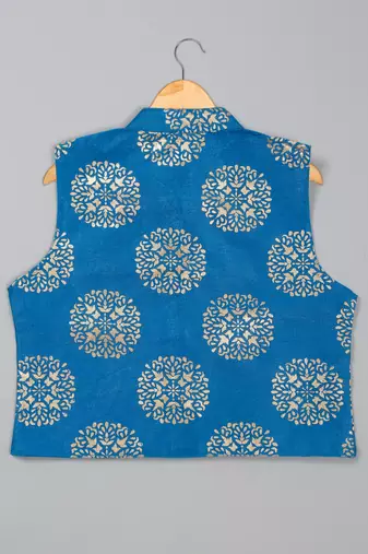 Saka designs boys' beige kurta pajama with blue printed jacket ensemble