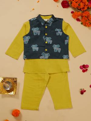 Saka designs boys' lime green kurta pajama with blue printed jacket ensemble 1