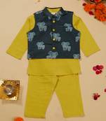 Saka designs boys' lime green kurta pajama with blue printed jacket ensemble