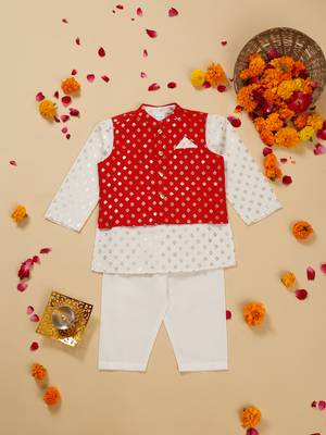 Saka designs foil printed white kurta pajama with with red jacket set for boys 1