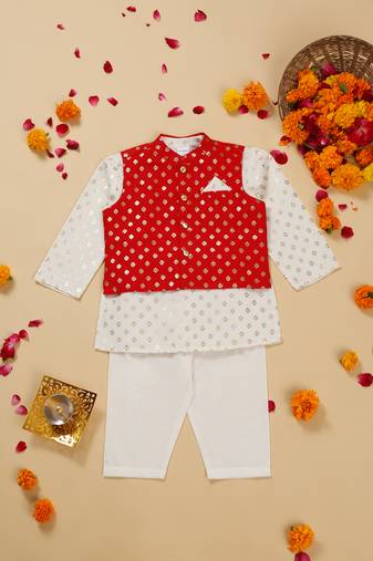 Saka designs foil printed white kurta pajama with with red jacket set for boys