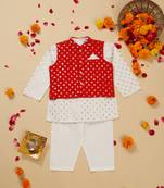 Saka designs foil printed white kurta pajama with with red jacket set for boys