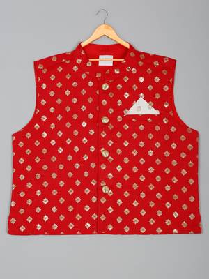 Saka designs foil printed white kurta pajama with with red jacket set for boys 3