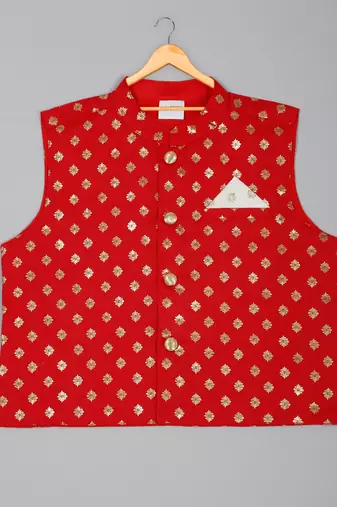 Saka designs foil printed white kurta pajama with with red jacket set for boys