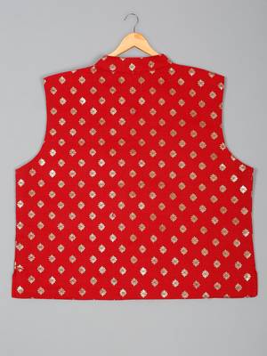 Saka designs foil printed white kurta pajama with with red jacket set for boys 4