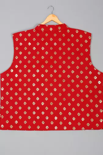 Saka designs foil printed white kurta pajama with with red jacket set for boys