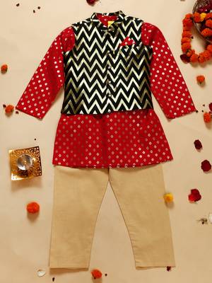 Saka designs boy's red printed kurta pajama with black jacket set 1