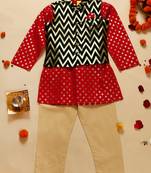 Saka designs boy's red printed kurta pajama with black jacket set