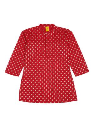 Saka designs boy's red printed kurta pajama with black jacket set 2
