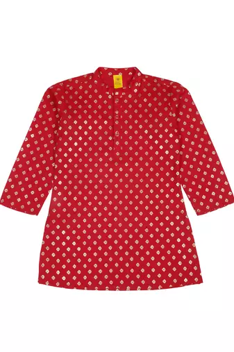 Saka designs boy's red printed kurta pajama with black jacket set