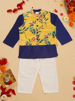 Saka designs boys navy cotton kurta pajama with yellow silk jacket set 1