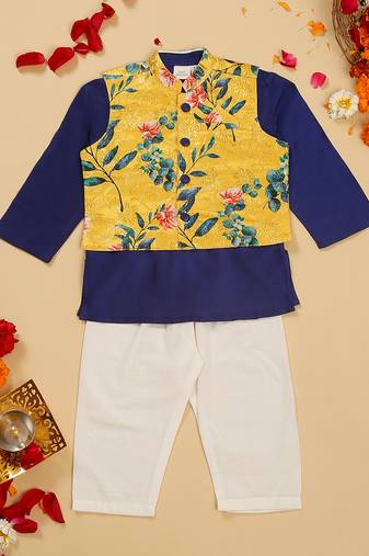 Saka designs boys navy cotton kurta pajama with yellow silk jacket set